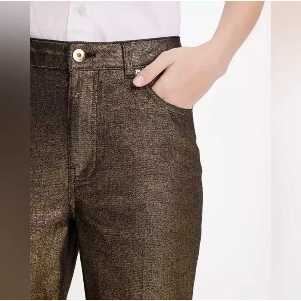 Kate Spade Gold Metallic Straight Leg Denim Pant Size 27